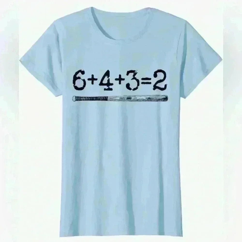 6+4+3=2 Double Play Baseball T-Shirt Women’s Small Baby Blue Baseball Saying NEW